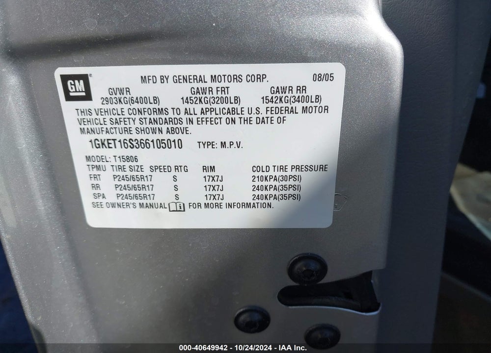 2006 GMC ENVOY XL SLT VIN: 1GKET16S366105010
