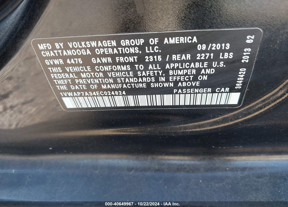 2014 VOLKSWAGEN PASSAT 2.5L S VIN: 1VWAP7A34EC024824