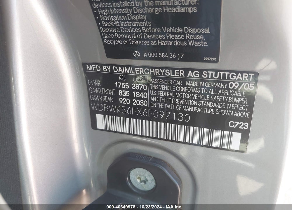 2006 MERCEDES-BENZ SLK 350 VIN: WDBWK56FX6F097130