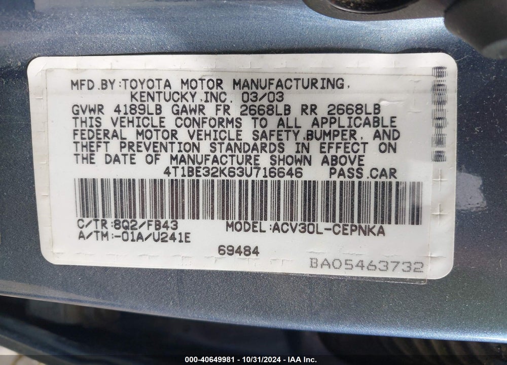 2003 TOYOTA CAMRY LE VIN: 4T1BE32K63U716646