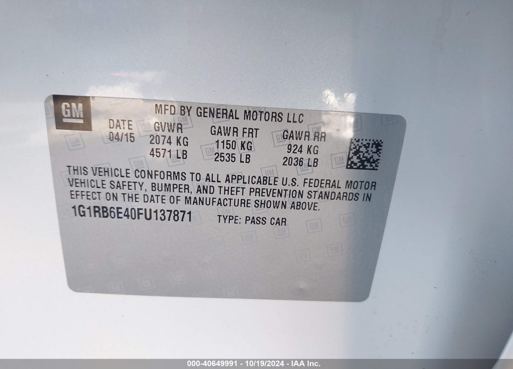 2015 CHEVROLET VOLT VIN: 1G1RB6E40FU137871
