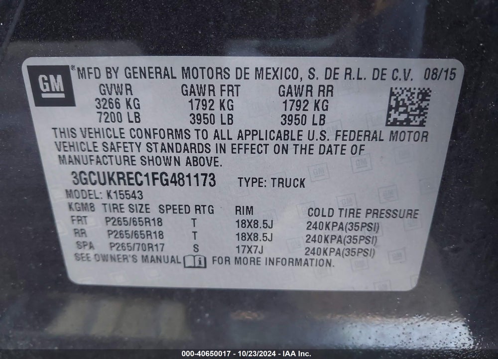 2015 CHEVROLET SILVERADO 1500 1LT VIN: 3GCUKREC1FG481173