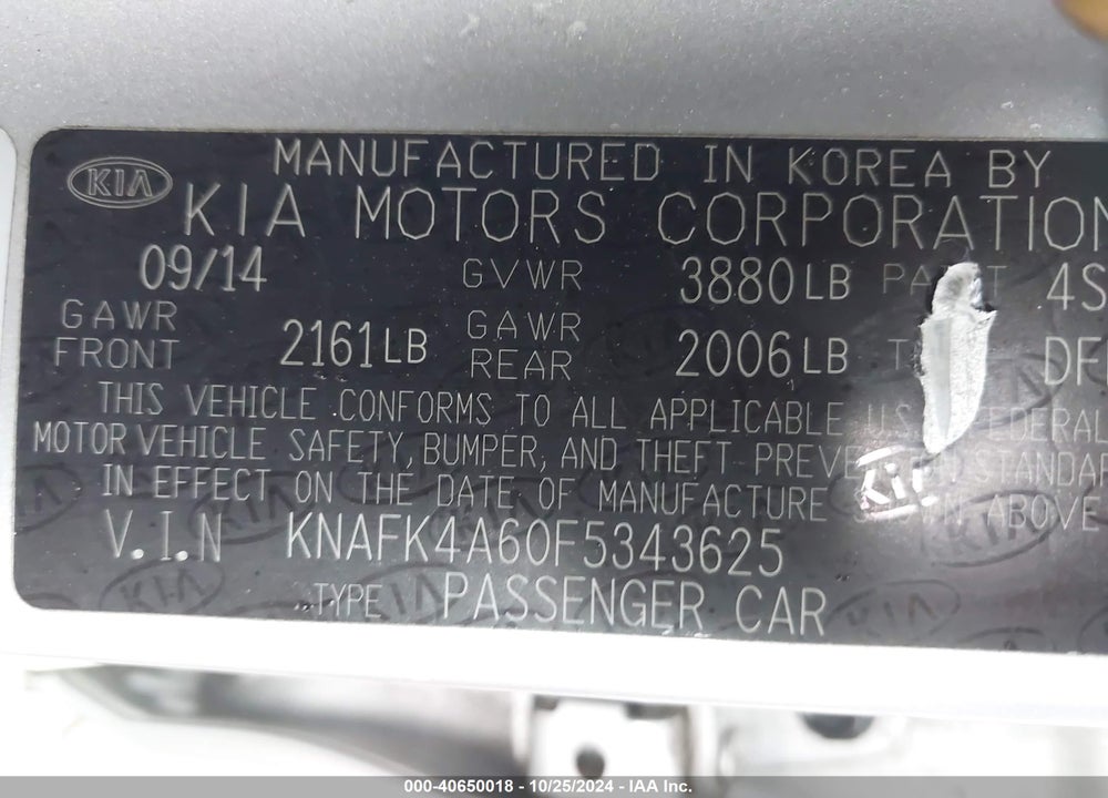 2015 KIA FORTE LX VIN: KNAFK4A60F5343625
