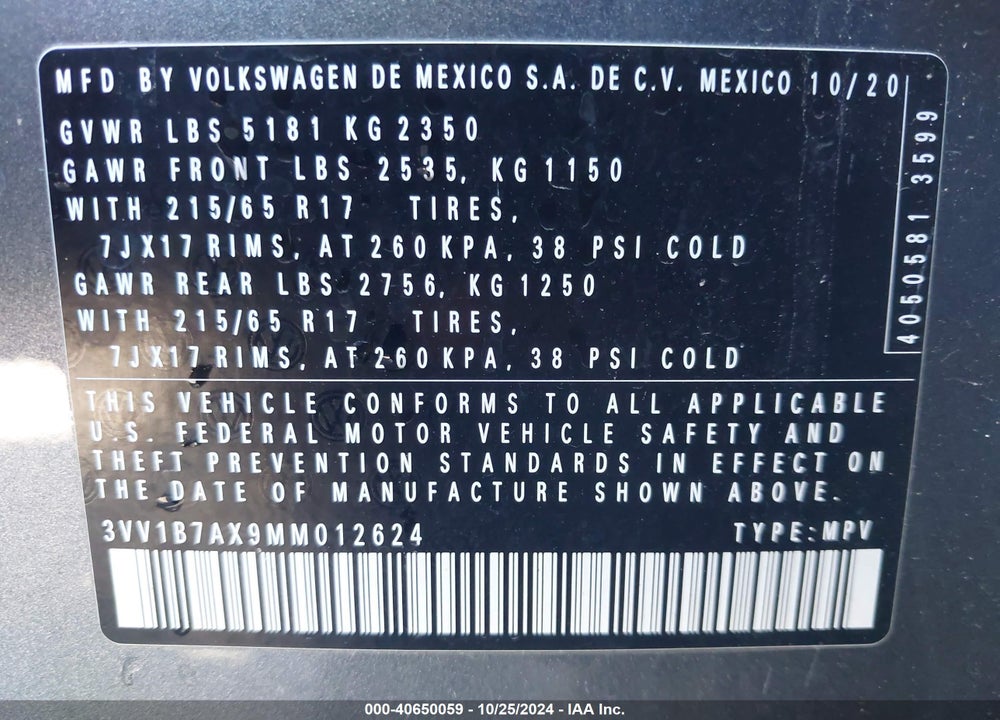 2021 VOLKSWAGEN TIGUAN S VIN: 3VV1B7AX9MM012624