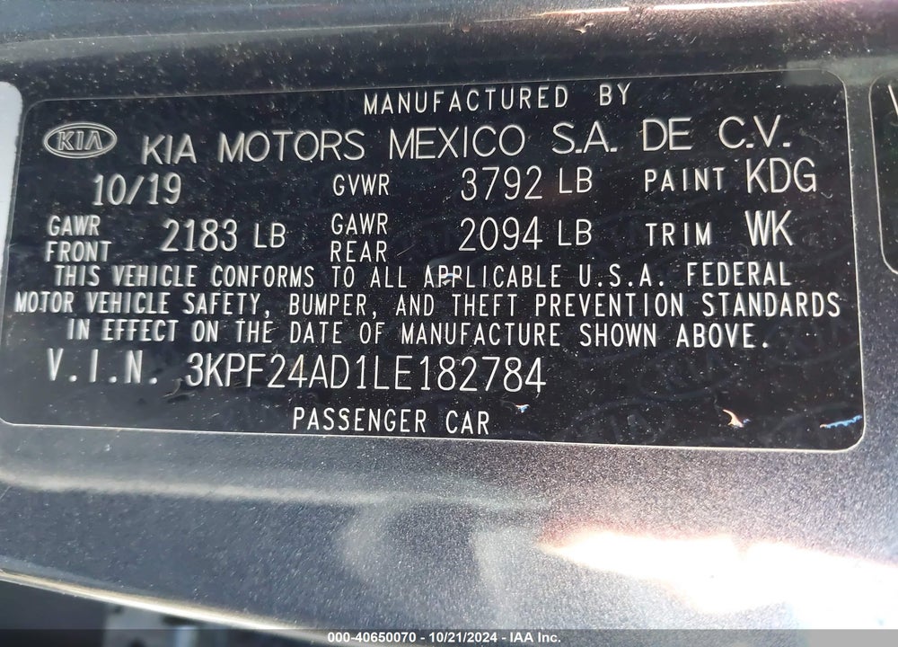2020 KIA FORTE FE VIN: 3KPF24AD1LE182784