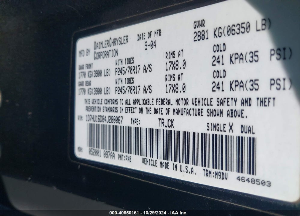 2004 DODGE RAM 1500 SLT/LARAMIE VIN: 1D7HU16D84J280067