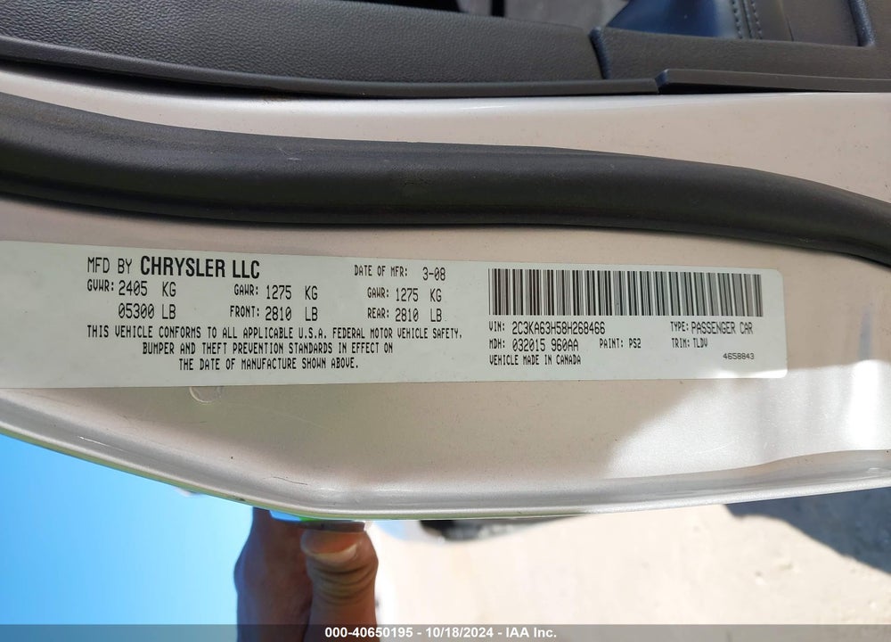 2008 CHRYSLER 300C HEMI VIN: 2C3KA63H58H268466
