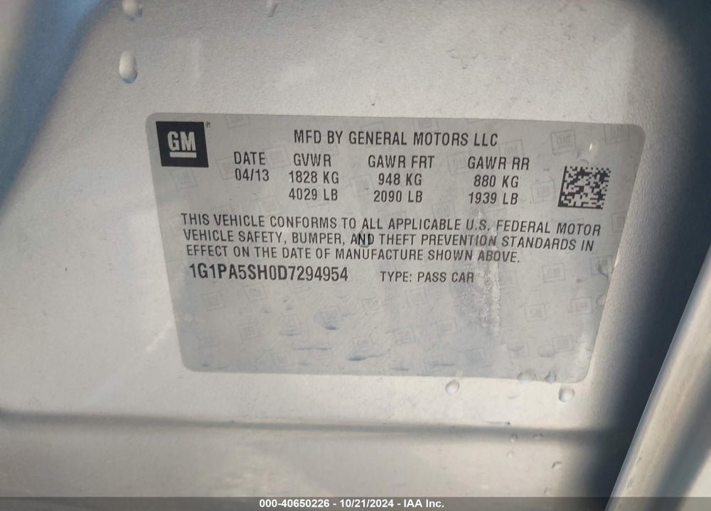 2013 CHEVROLET CRUZE LS AUTO VIN: 1G1PA5SH0D7294954