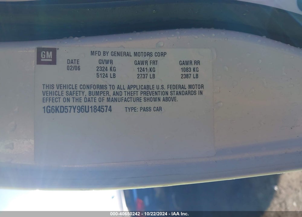 2006 CADILLAC DTS STANDARD VIN: 1G6KD57Y96U184574