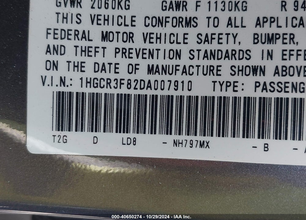 2013 HONDA ACCORD VIN: 1HGCR3F82DA007910