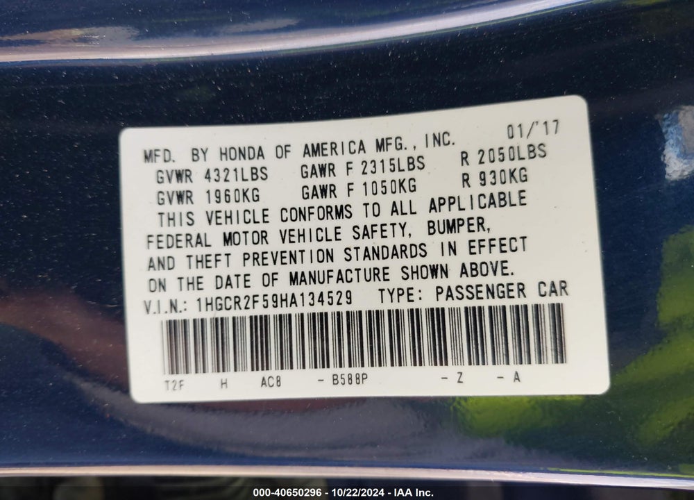 2017 HONDA ACCORD SPORT VIN: 1HGCR2F59HA134529