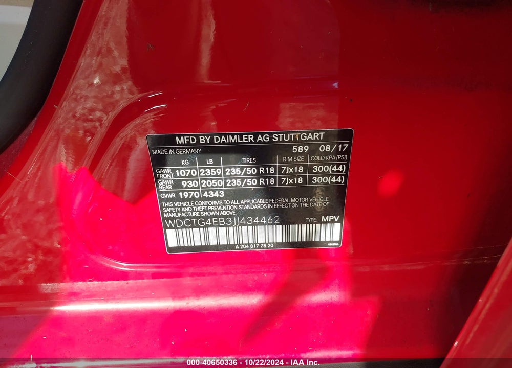 2018 MERCEDES-BENZ GLA 250 VIN: WDCTG4EB3JJ434462