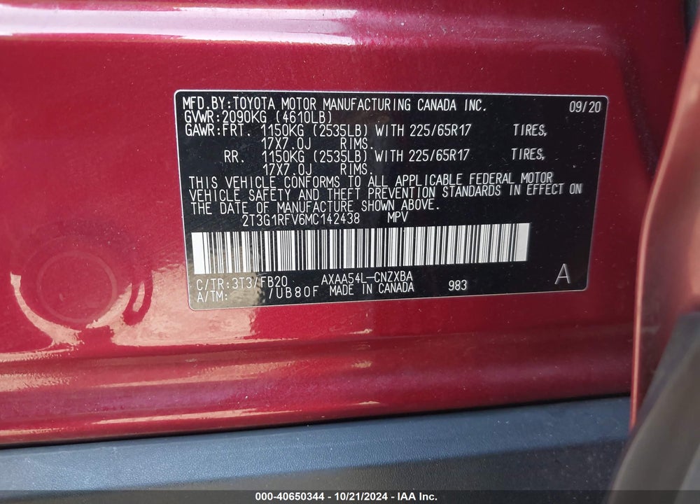 2021 TOYOTA RAV4 LE VIN: 2T3G1RFV6MC142438