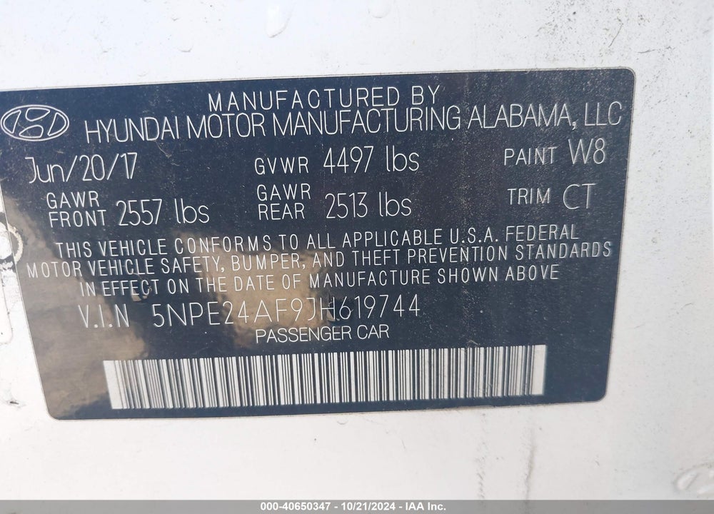 2018 HYUNDAI SONATA SE VIN: 5NPE24AF9JH619744