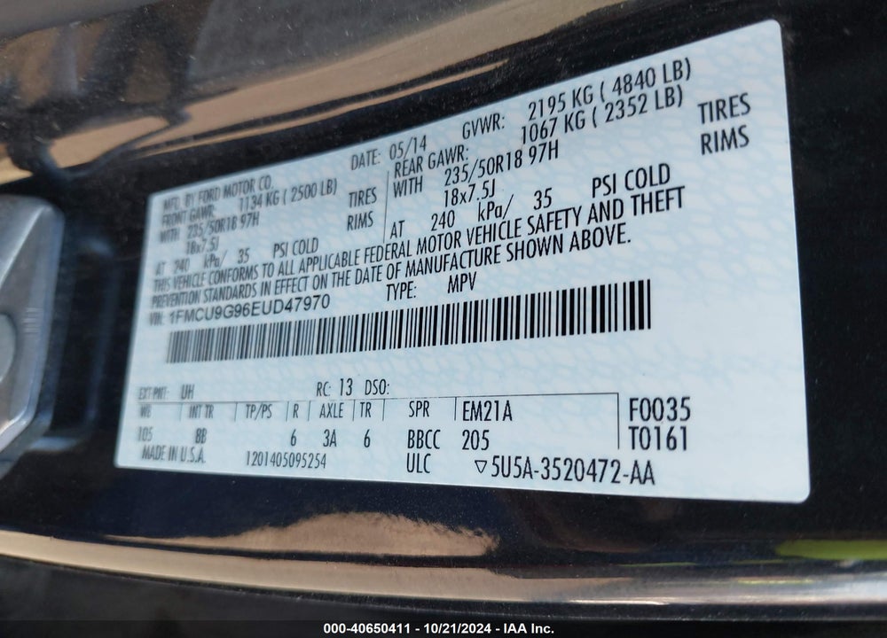 2014 FORD ESCAPE SE VIN: 1FMCU9G96EUD47970