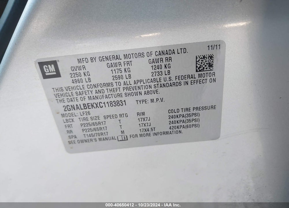 2012 CHEVROLET EQUINOX LS VIN: 2GNALBEKXC1183831