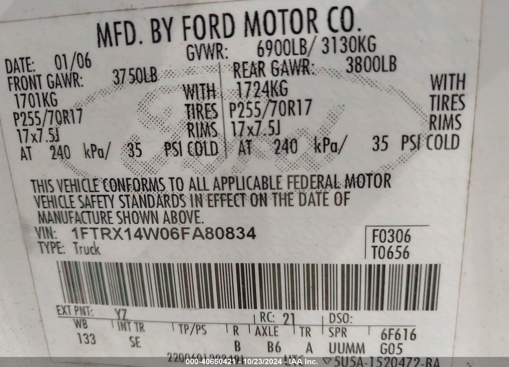 2006 FORD F-150 STX/XL/XLT VIN: 1FTRX14W06FA80834