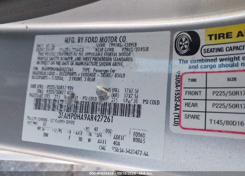 2010 FORD FUSION SE VIN: 3FAHP0HA9AR427261