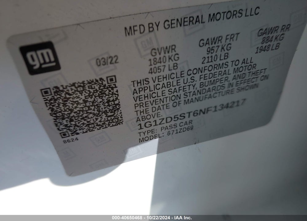 2022 CHEVROLET MALIBU FWD LT VIN: 1G1ZD5ST6NF134217