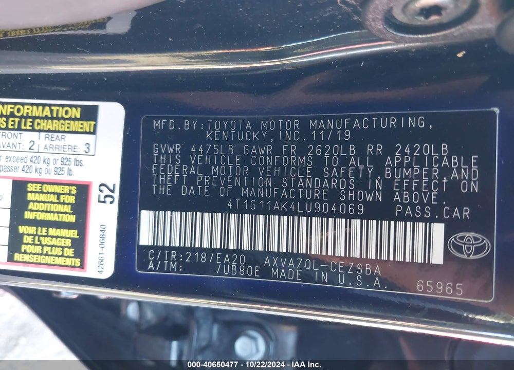 2020 TOYOTA CAMRY SE VIN: 4T1G11AK4LU904069