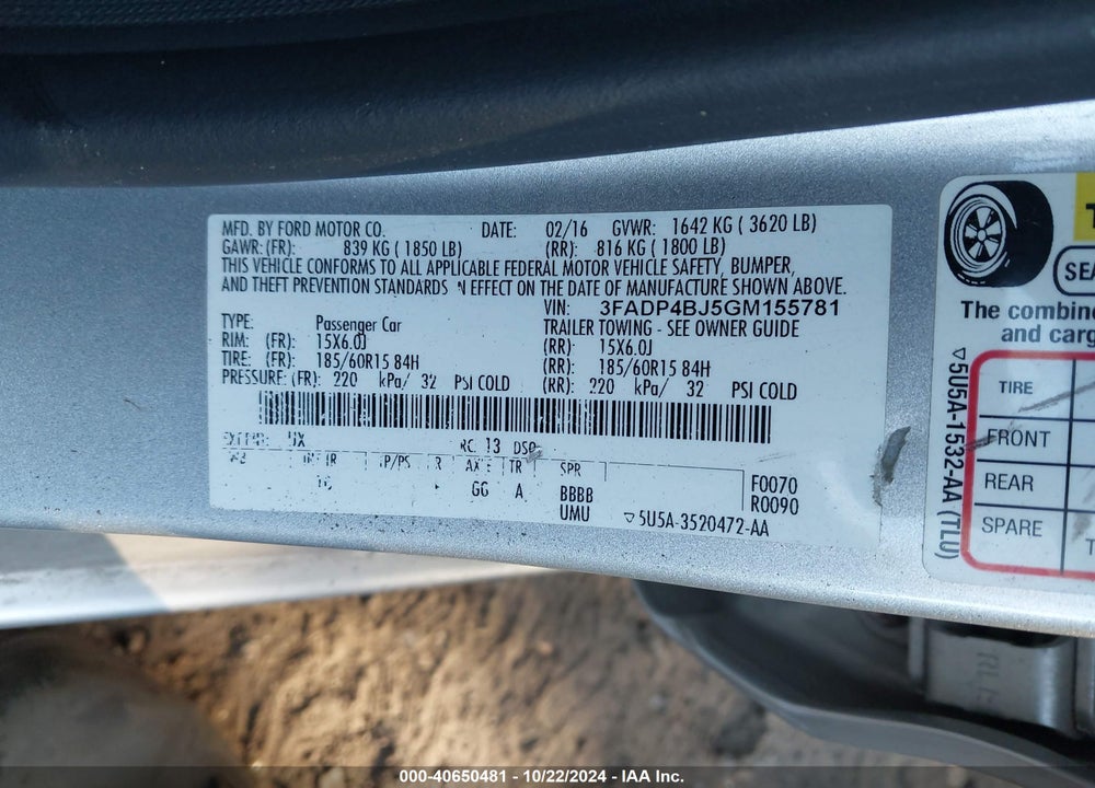 2016 FORD FIESTA SE VIN: 3FADP4BJ5GM155781