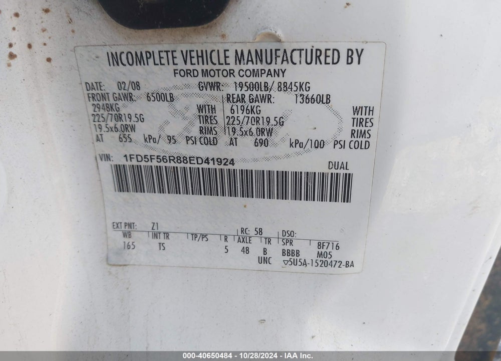2008 FORD F-550 CHASSIS XL/XLT VIN: 1FD5F56R88ED41924