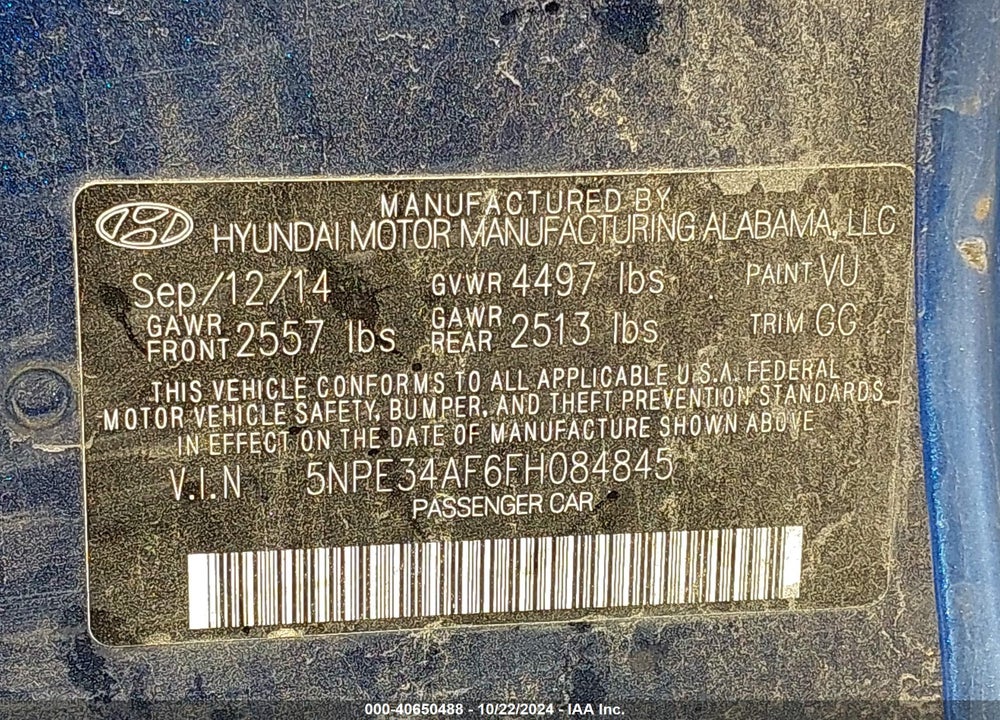 2015 HYUNDAI SONATA SPORT VIN: 5NPE34AF6FH084845
