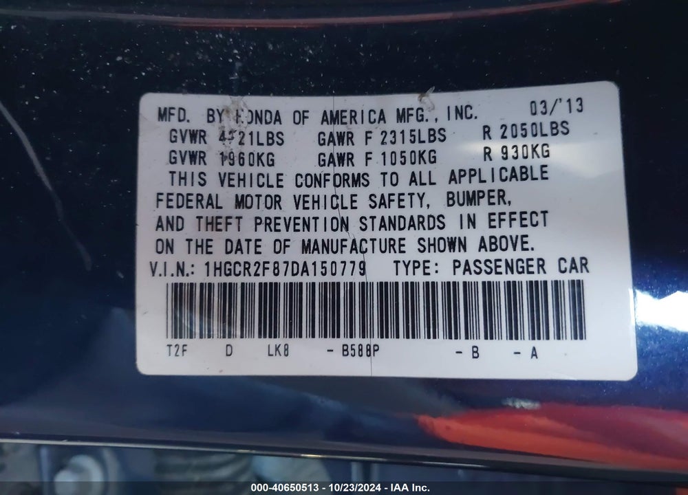 2013 HONDA ACCORD EX-L VIN: 1HGCR2F87DA150779