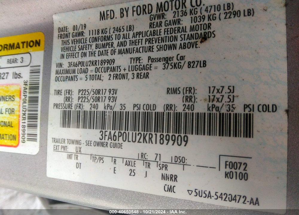 2019 FORD FUSION HYBRID SE VIN: 3FA6P0LU2KR189909
