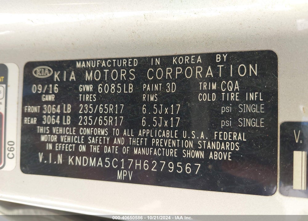 2017 KIA SEDONA L VIN: KNDMA5C17H6279567