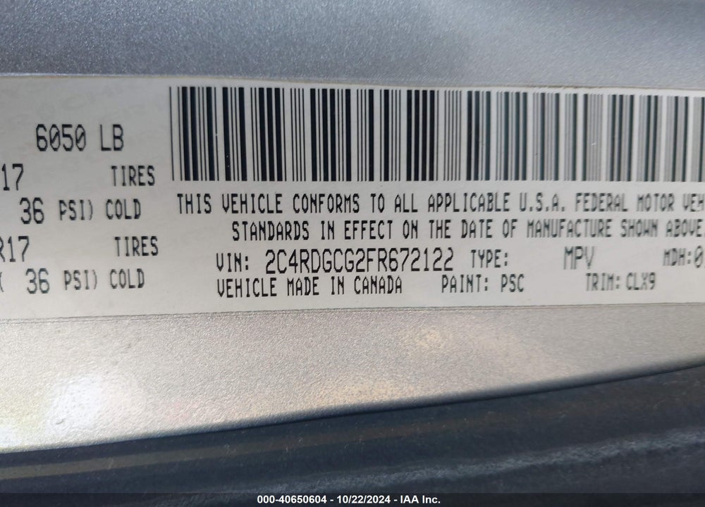 2015 DODGE GRAND CARAVAN SXT PLUS VIN: 2C4RDGCG2FR672122