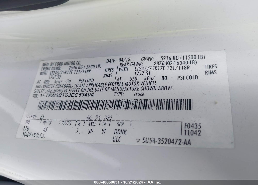 2018 FORD F-350 XL VIN: 1FT8W3BT6JEC53404