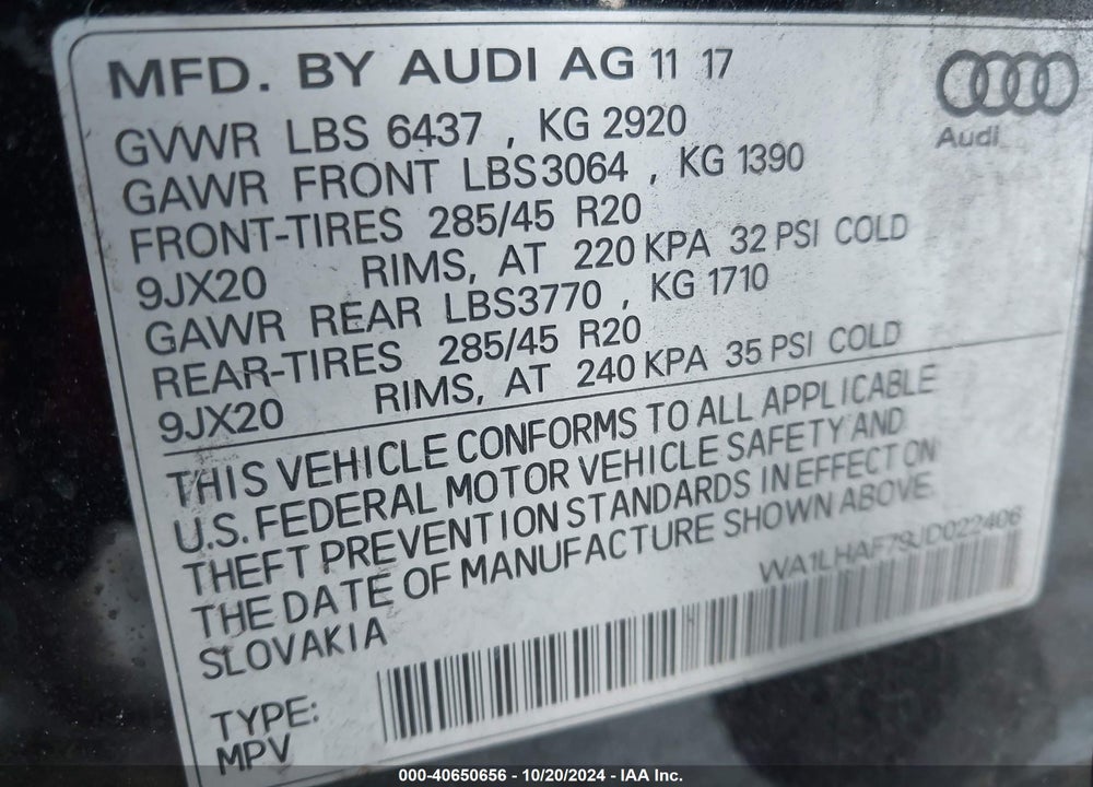 2018 AUDI Q7 2.0T PREMIUM VIN: WA1LHAF79JD022406