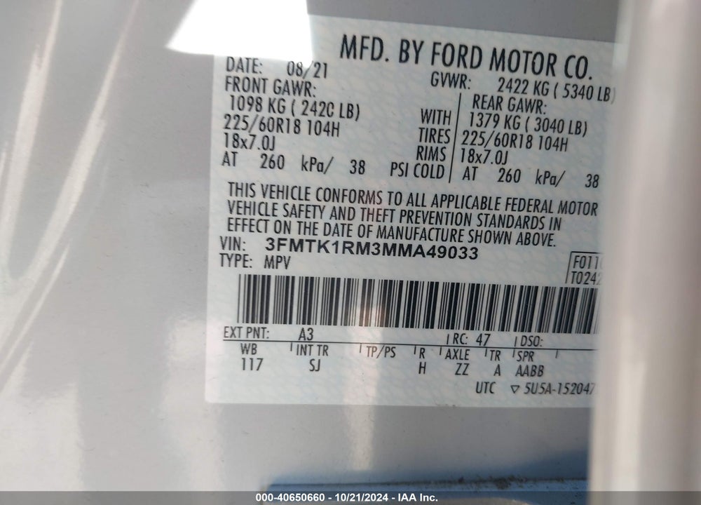 2021 FORD MUSTANG MACH-E SELECT VIN: 3FMTK1RM3MMA49033