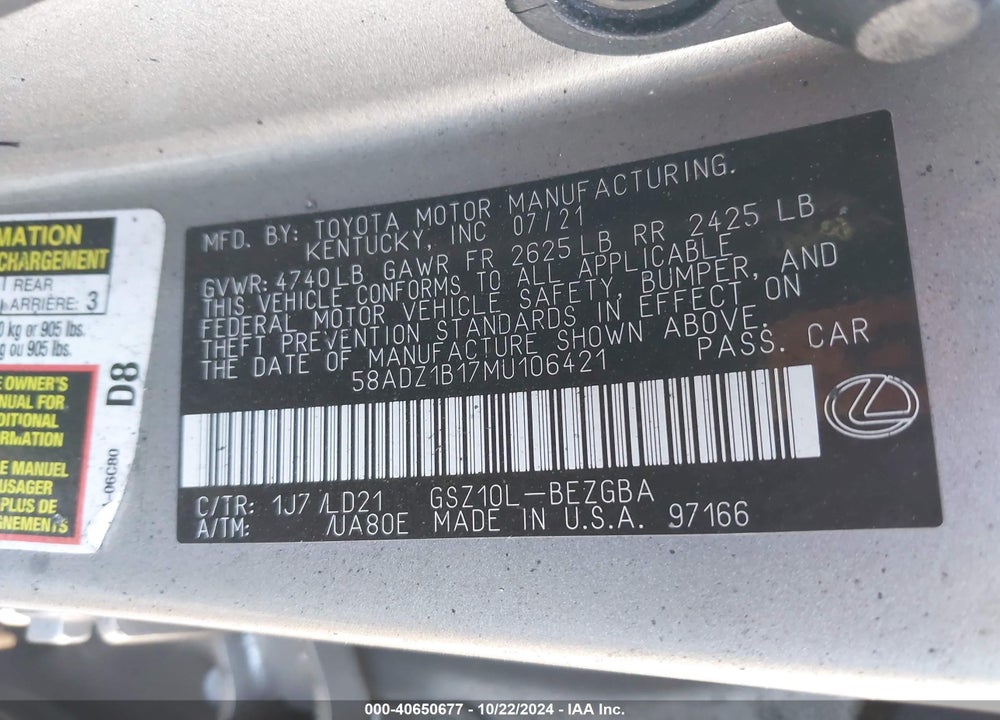 2021 LEXUS ES 350 VIN: 58ADZ1B17MU106421
