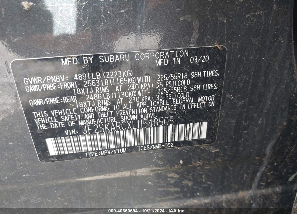 2020 SUBARU FORESTER SPORT VIN: JF2SKARCXLH548505