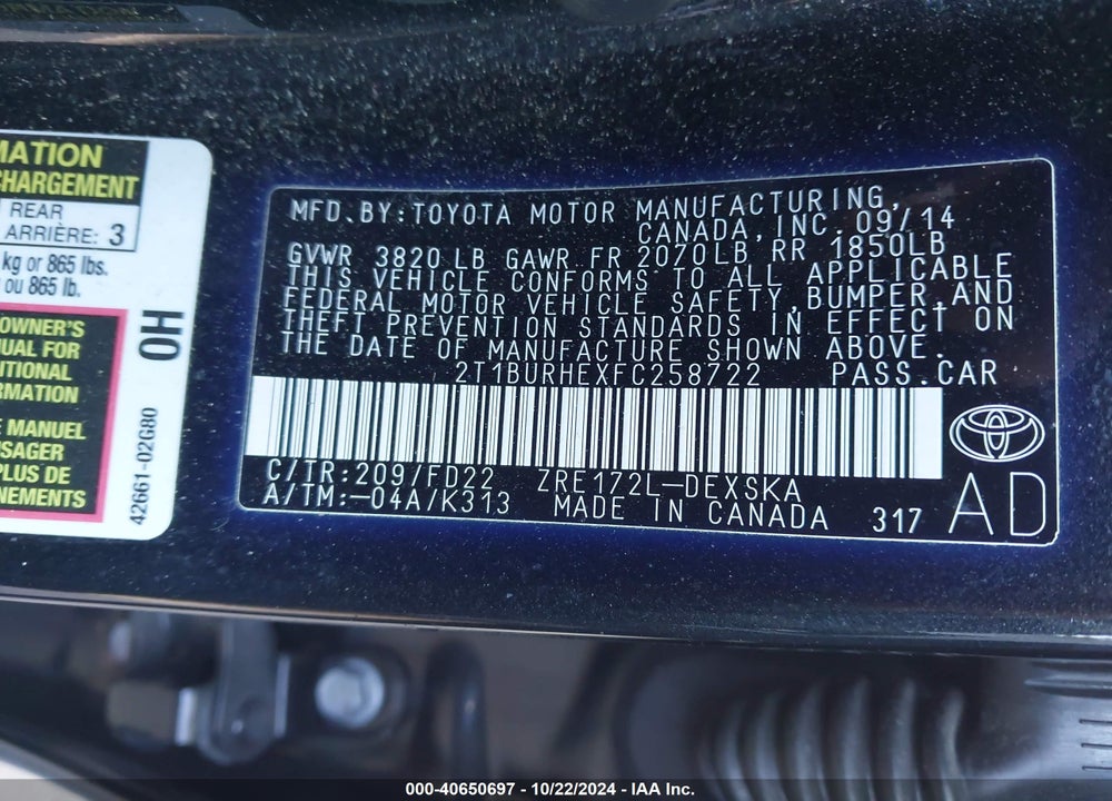 2015 TOYOTA COROLLA S PLUS VIN: 2T1BURHEXFC258722