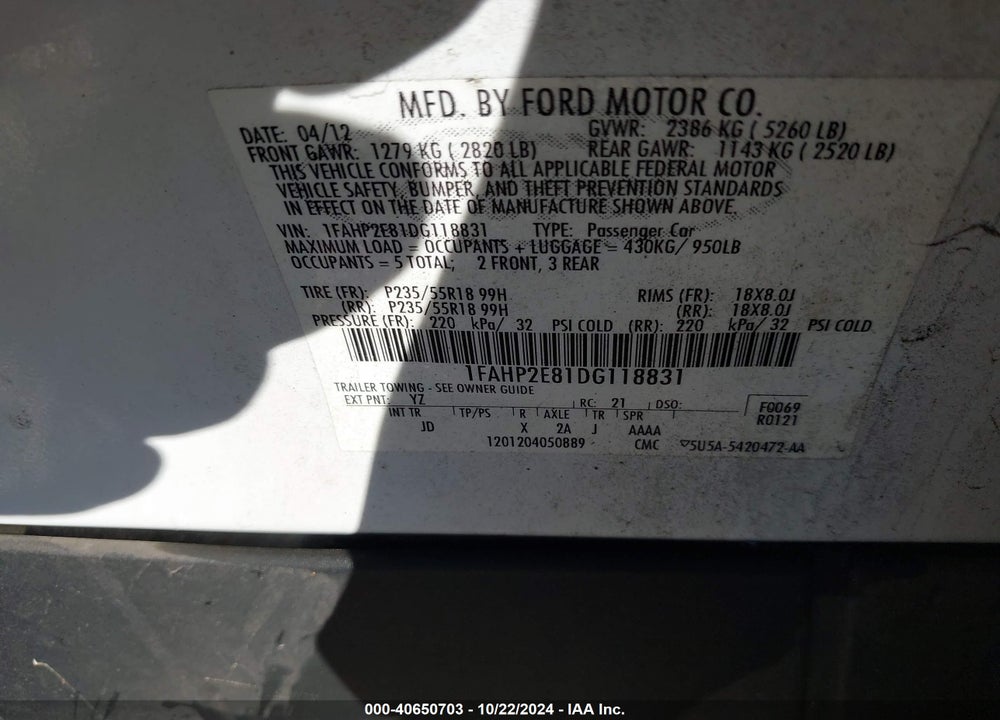 2013 FORD TAURUS SEL VIN: 1FAHP2E81DG118831