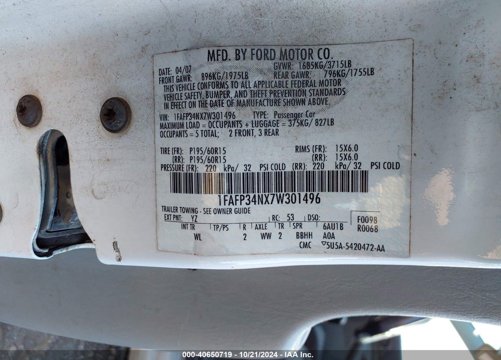 2007 FORD FOCUS S/SE/SES VIN: 1FAFP34NX7W301496