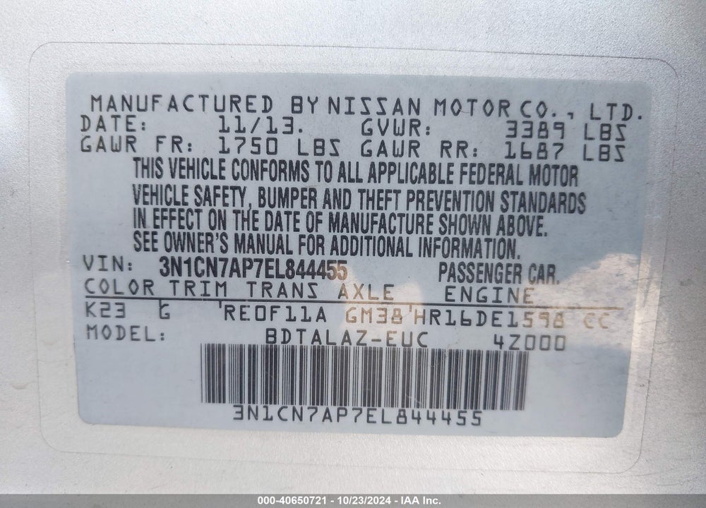 2014 NISSAN VERSA 1.6 S+ VIN: 3N1CN7AP7EL844455