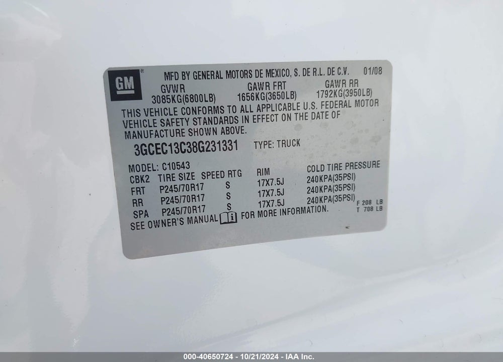 2008 CHEVROLET SILVERADO 1500 LT1 VIN: 3GCEC13C38G231331