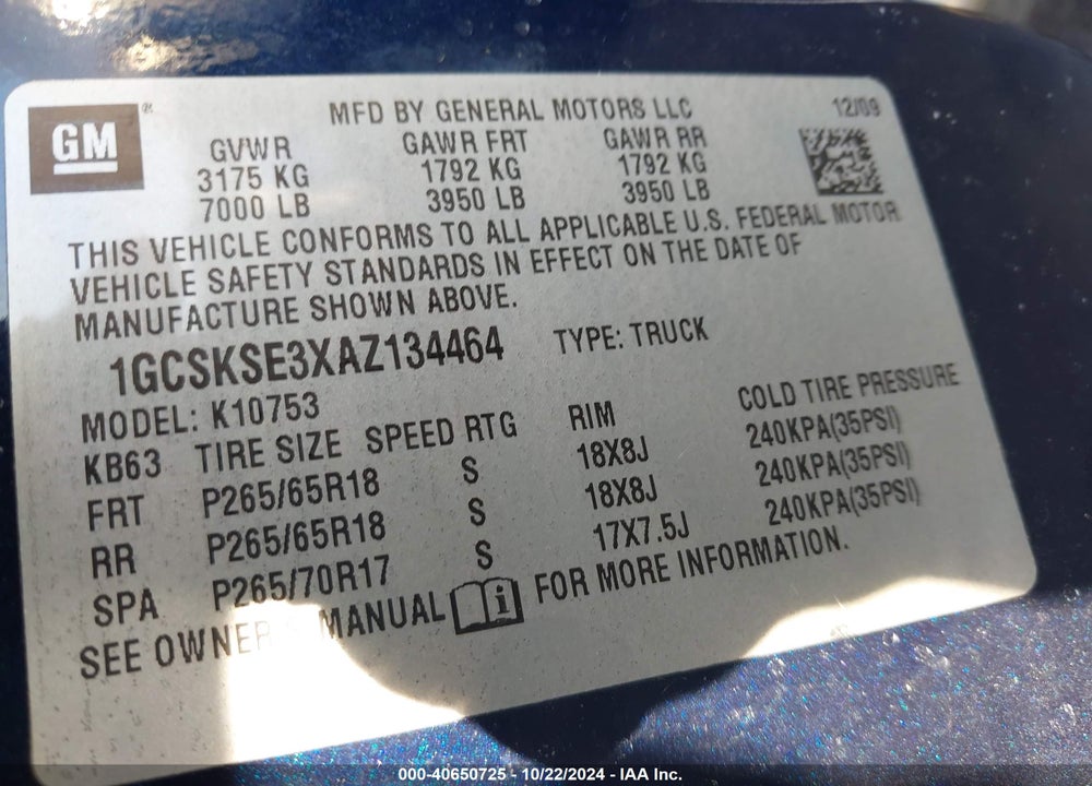 2010 CHEVROLET SILVERADO 1500 LT VIN: 1GCSKSE3XAZ134464