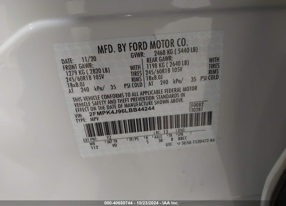 2020 FORD EDGE SEL VIN: 2FMPK4J96LBB44244