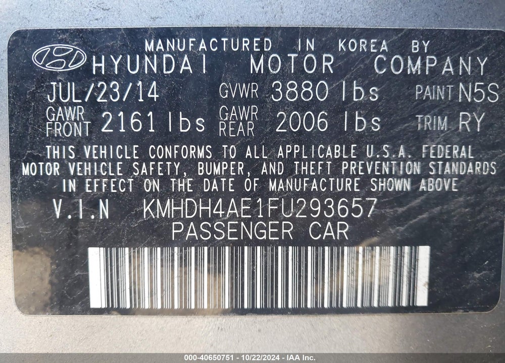 2015 HYUNDAI ELANTRA SE VIN: KMHDH4AE1FU293657