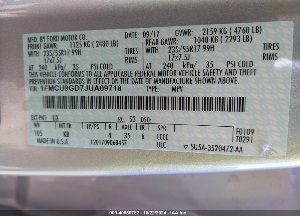 2018 FORD ESCAPE SE VIN: 1FMCU9GD7JUA09718