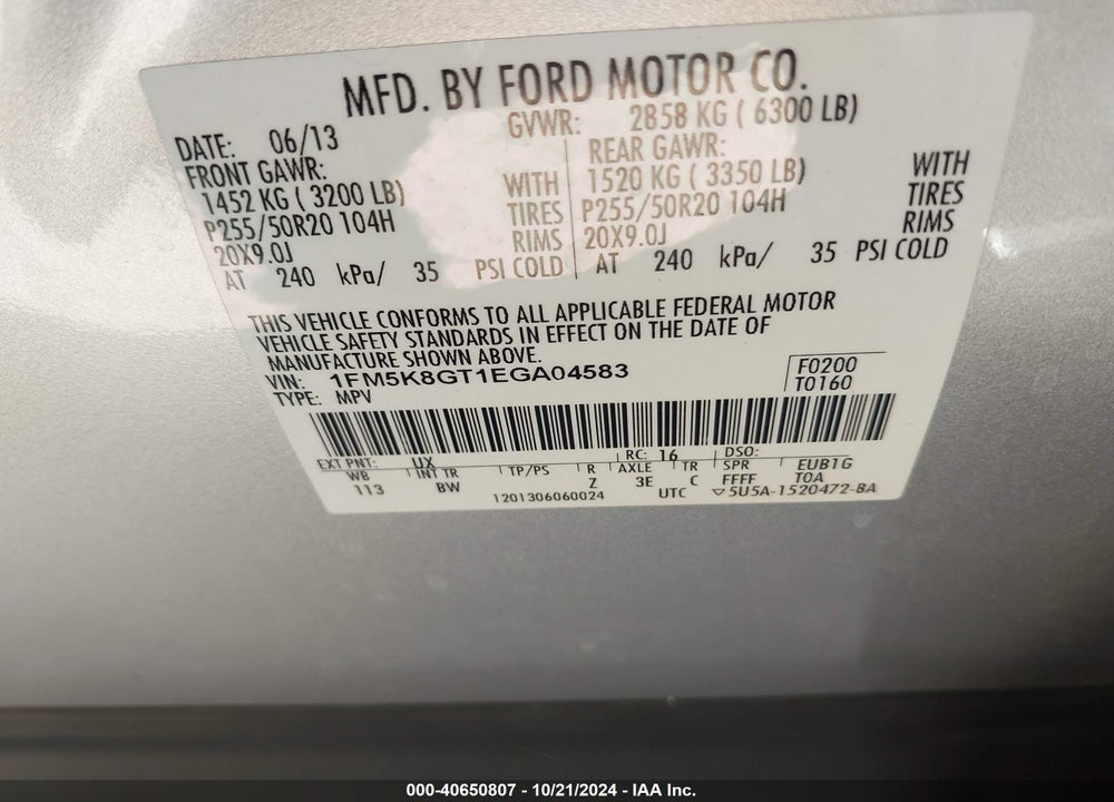 2014 FORD EXPLORER SPORT VIN: 1FM5K8GT1EGA04583