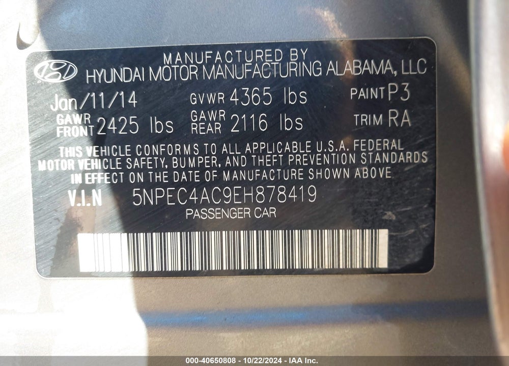 2014 HYUNDAI SONATA LIMITED VIN: 5NPEC4AC9EH878419