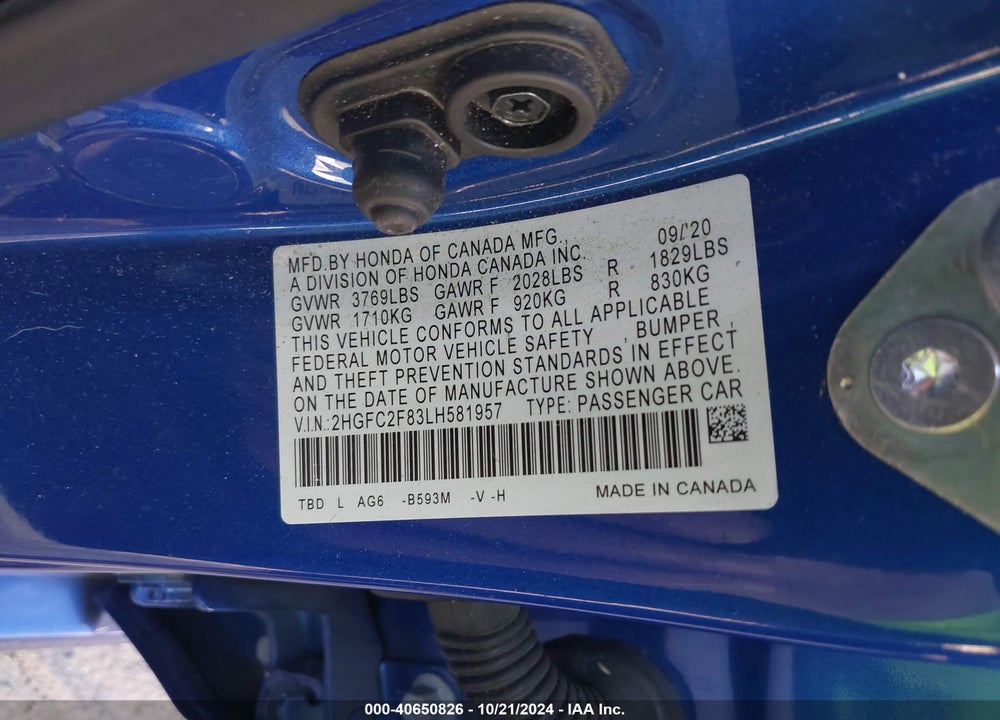 2020 HONDA CIVIC SPORT VIN: 2HGFC2F83LH581957