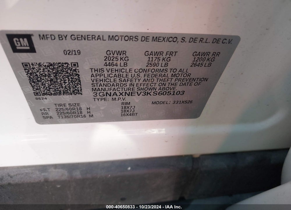 2019 CHEVROLET EQUINOX PREMIER VIN: 3GNAXNEV3KS605103
