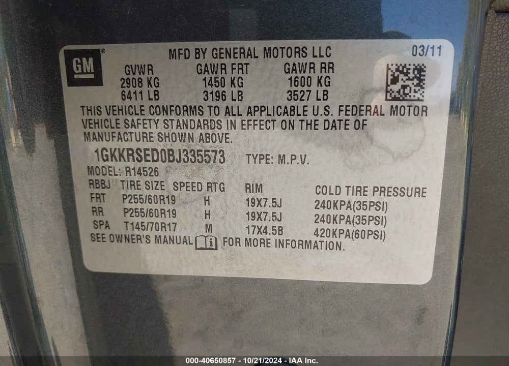 2011 GMC ACADIA SLT-2 VIN: 1GKKRSED0BJ335573
